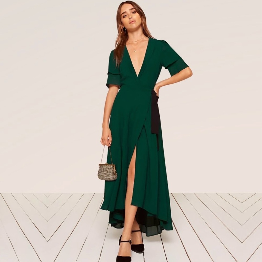 NWT Reformation Layley Wrap Maxi Dress in Emerald Green, Size XL